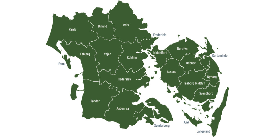 Kort over kommmuner i Region SYddanmark